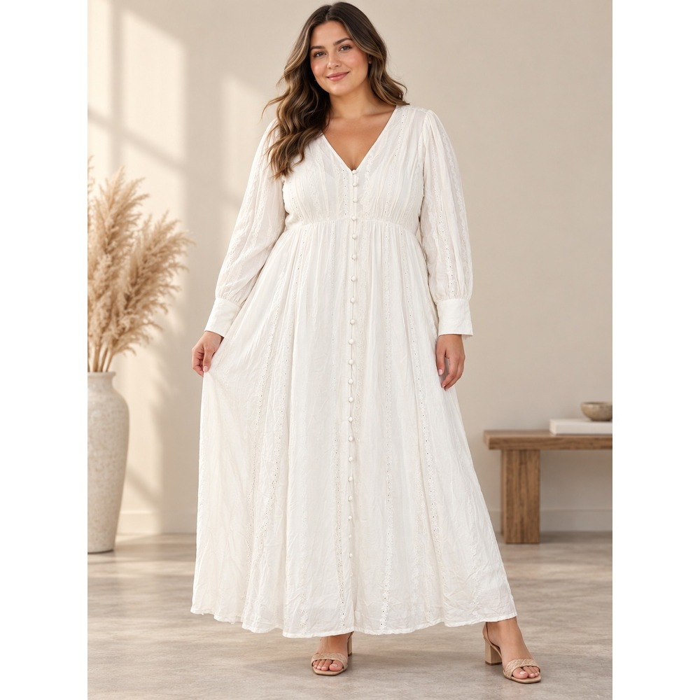 Torrid Boho Women Maxi Dress White Puff Sleeve Button Front 2X 18-20 NWT